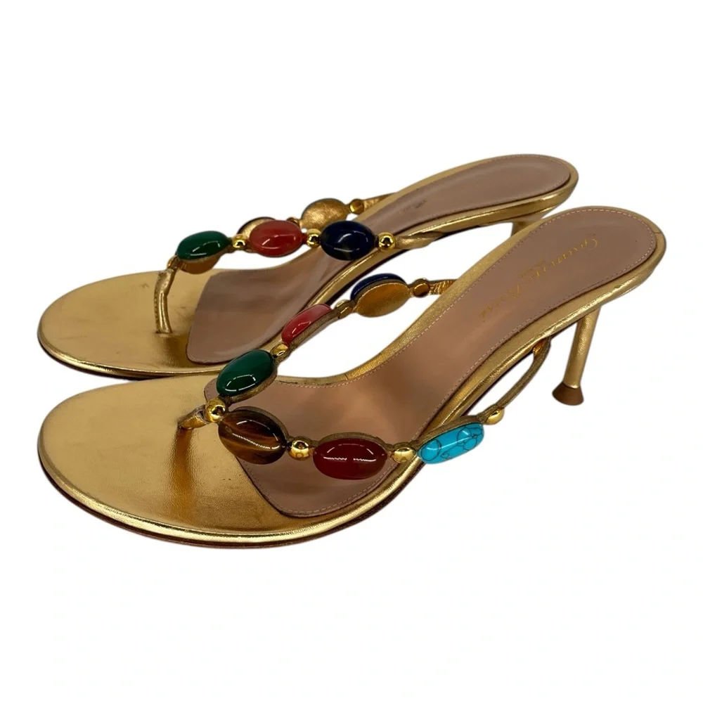 Gianvito Rossi Shanti Thong 70 Sandals Gold Jeweled Size 9 - Picture 2 of 14